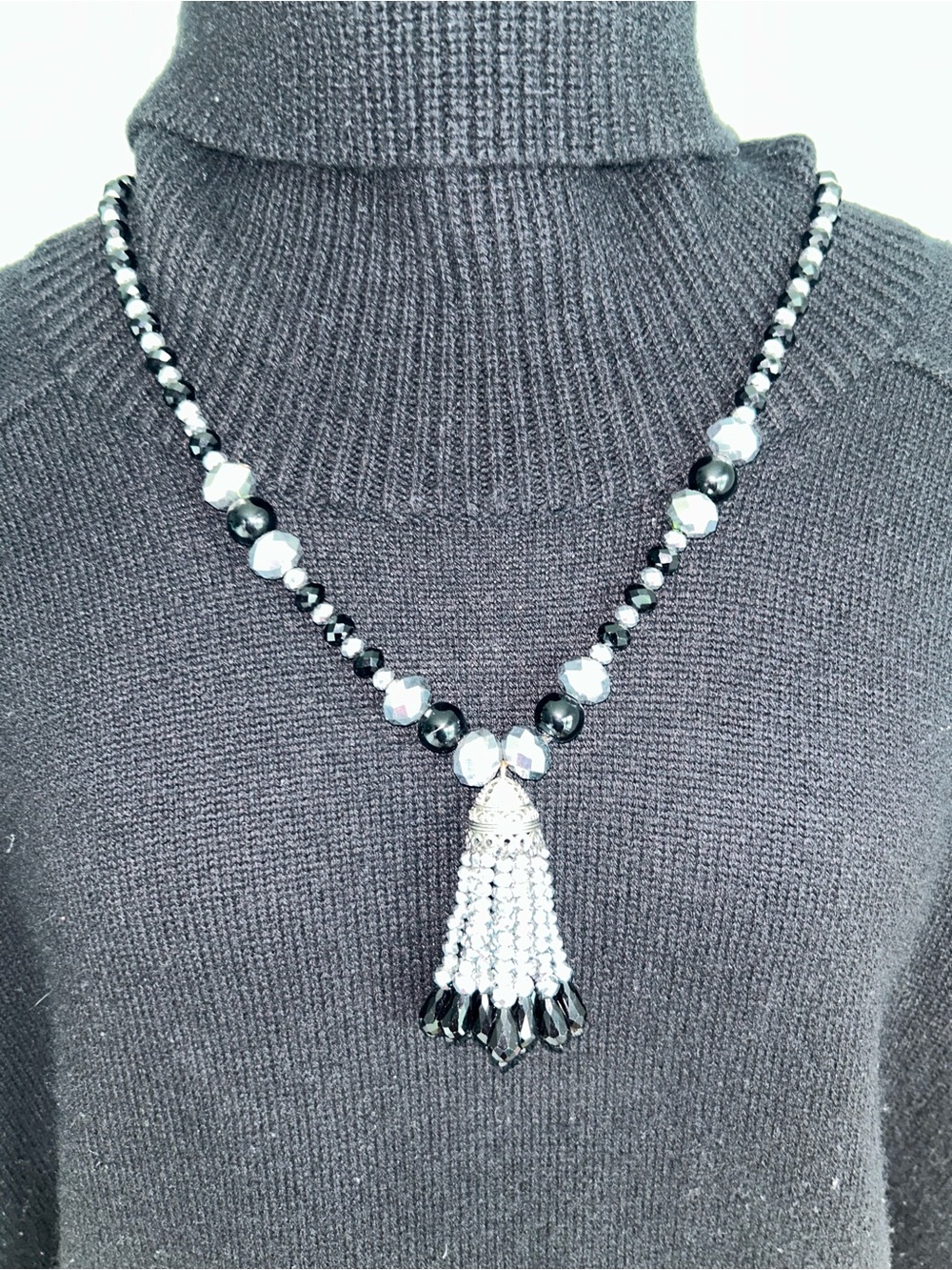 🖤 Black & Silver Crystal Tassel Statement Necklace 🖤